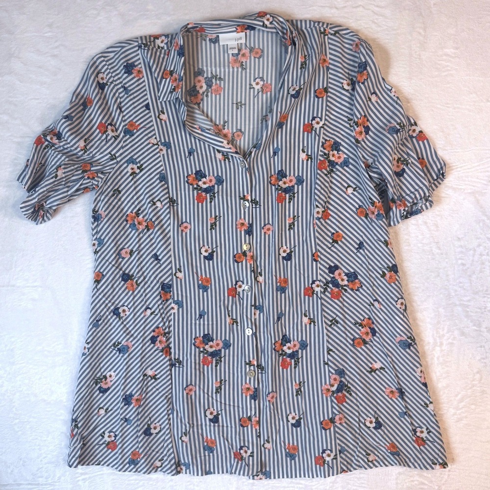 J. JILL‎ Womens Floral Button Down Short Sleeve Striped Blouse SZ L